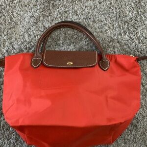 Longchamp Red Tote with Brown Handles and Smooth Fabric small